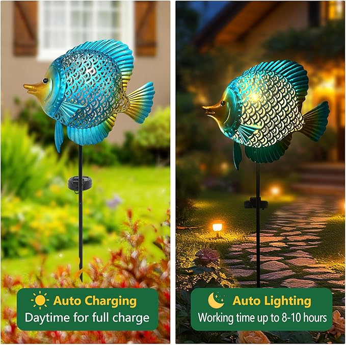 HONGLAND Solar Pathway Lights, Outdoor Solar Powered Garden Lights with Warm Yellow LED, Metal Fish Design Stake for Lawn, Yard, Patio and Landscape Decoration (Waterproof)