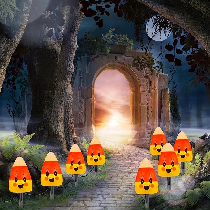 GOOTHY Halloween Candy Corn Pathway Lights Outdoor, 7Ft C7 LED Halloween Decorations Candy Corn Pathway String Lights Waterproof with 4 Stakes for Outdoor Garden Walkway Driveway Lawn Party Decor