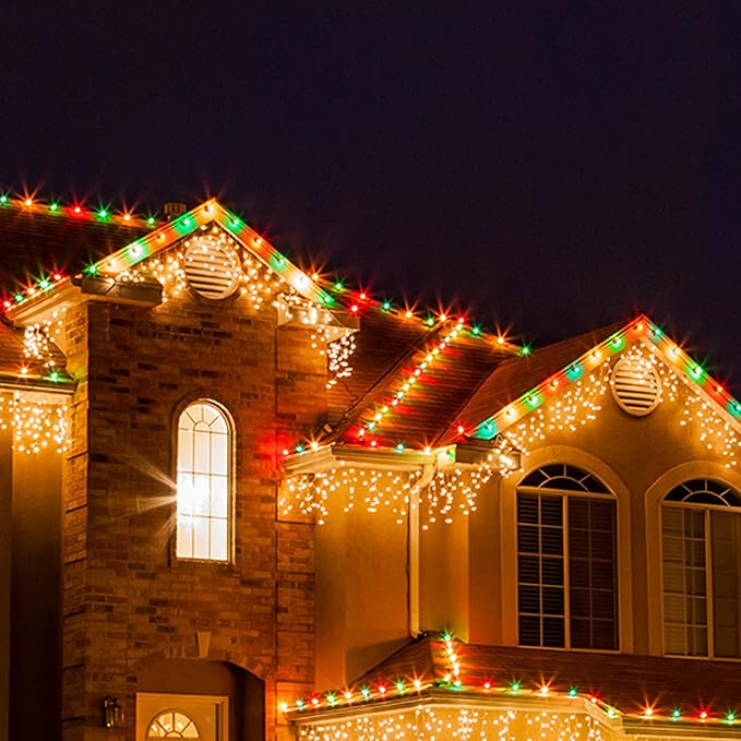 25Ft Multicolor Christmas Lights Outdoor, C7 Vintage String Lights with 25 Red Green White Ceramic Incandescent Bulbs, Hanging Patio Lights for Porch Roofline Xmas Tree Garden Valentine's Day Decor