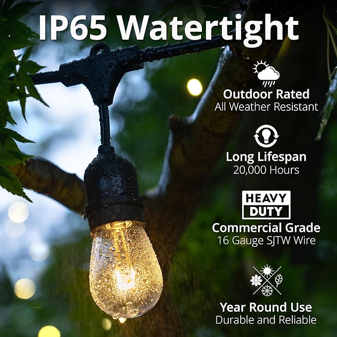 15' FlexFilament LED S14 Edison Bulb Heavy Duty Shatterproof Patio Lights, Suspended - Outdoor String Light | Lumora