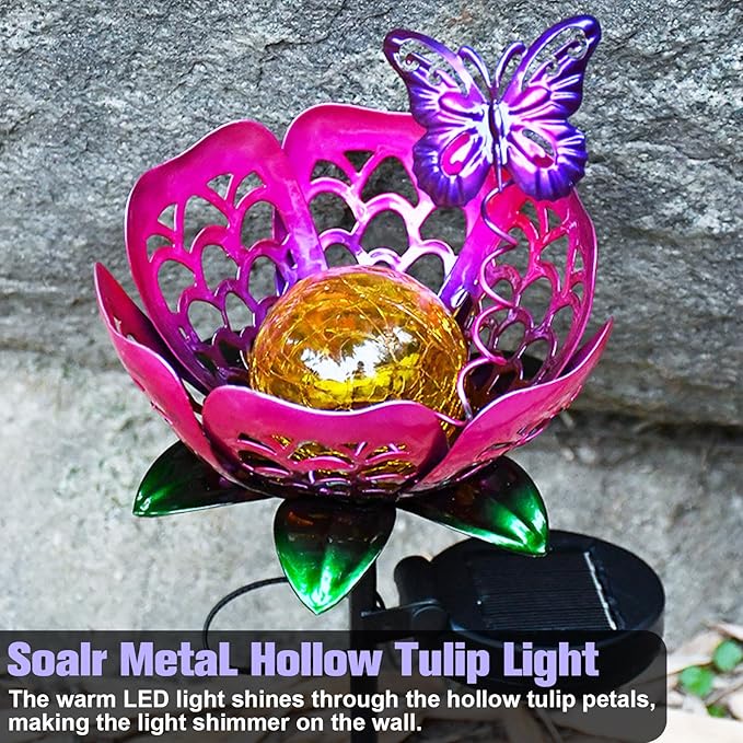 Outdoor Solar Flower Light, Crackle Glass Globe LED Lights, Metal Butterfly Decorations Lights, Hollow Petal Tulip Stake Light for Patio Yard Walkway Ground Lawn Ornaments Gifts (Purple)