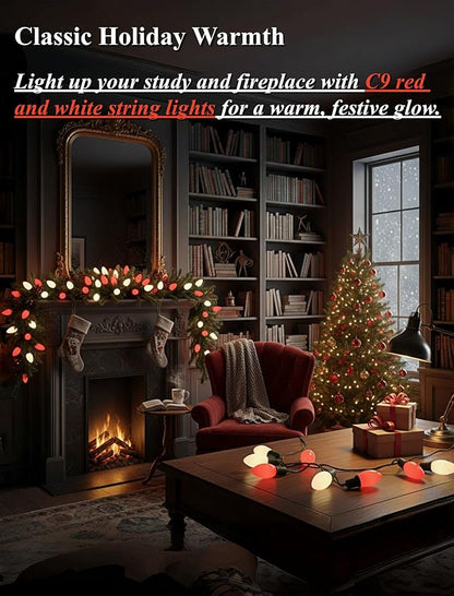 25FT C9 Christmas Lights Outdoor,Red and White C9 Christmas Lights with 26 Ceramic Bulbs(1 Spare), Connectable Incandescent Xmas Light for Indoor Outdoor Party Home Decor,Green Wire