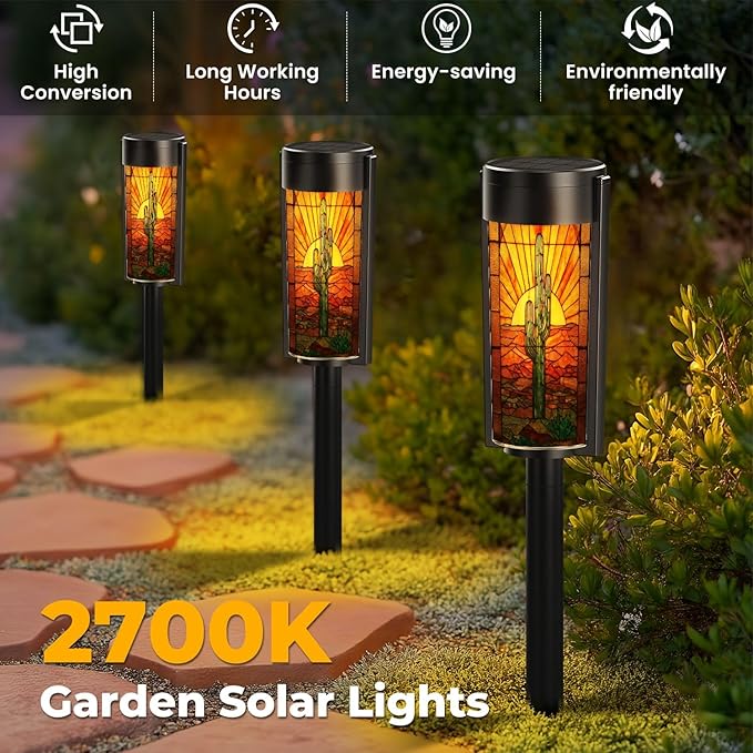 8 Pack Solar Pathway Lights Outdoor Waterproof Vibrant Cactus Desert Sunset Stained Glass Western Border Solar Garden Lights LED Landscape Lighting for Yard Walkway Lawn Garden Decor