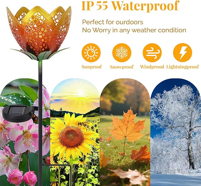 Outdoor Solar Tulip Light, Crackle Globe Glass Metal Flower Decorations Lights for Lawn Ornaments, LED Lotus Hollow Petal Stake Light for Patio Yard Lawn Walkway Ground (Tulip - 2pcs)