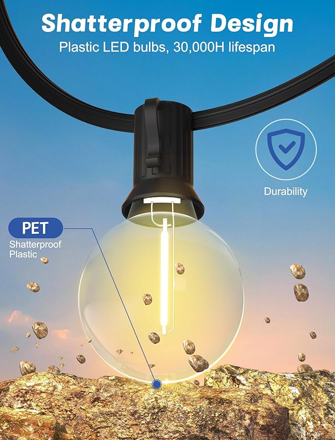SUNSGNE Outdoor String Lights, 50FT Outdoor Globe Light with 52 G40 Shatterproof LED Bulbs(2 Spare), String Lights | Lumora
