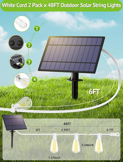 96FT(2x48FT) Solar Outdoor String Lights with Remote & Timer, Waterproof Dimmable Patio Lights with 30+2 ST38 LED Bulbs for Garden Deck-White