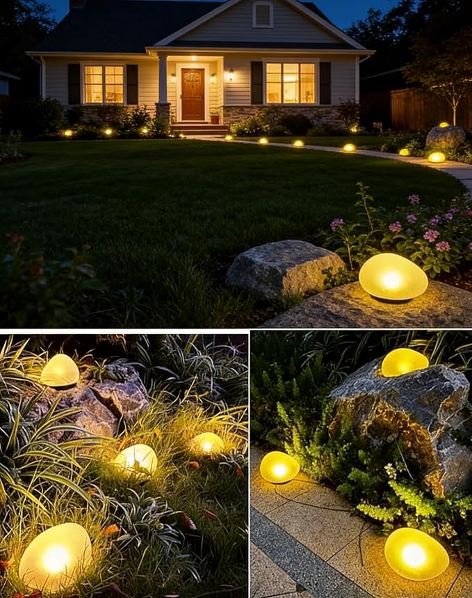Solar Glass Garden Pebbles, Waterproof LED Pebble Lights Outdoor, Solar Powered Landscape Stone Lighting, for Garden Pathway Walkway Patio Yard Lawn Decor (Warm,2pcs)