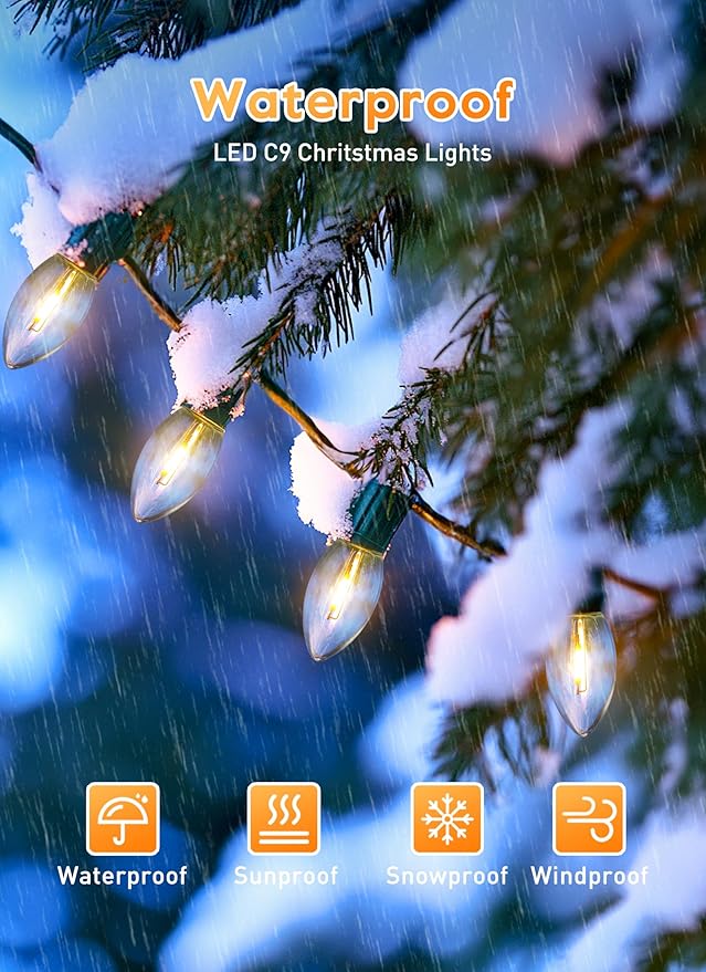 Vintage C9 LED Christmas Lights Outdoor, 100 Feet C9 String Lights with 50 Shatterproof C9 Bulbs, Waterproof | Lumora