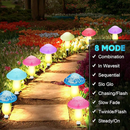 Reginary 12 Pcs Outdoor Lamp Solar Mushroom Light up Garden Mushroom Lights 8 Modes Waterproof Lamp Outside Decor for Holiday Yard Patio Pathway Lawn Ornament(Multicolored,Crack)