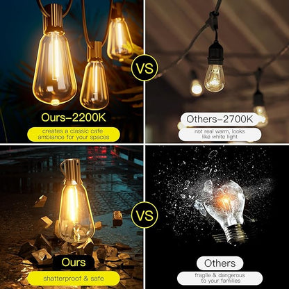 OHLUX Outdoor Light String, 30FT Dimmable Outdoor String Lights with 17 Shatterproof ST38 LED Vintage Edison Bulbs,2200K Connectable Hanging Lights for Deck Porch Bistro Gazebos Balcony Garden