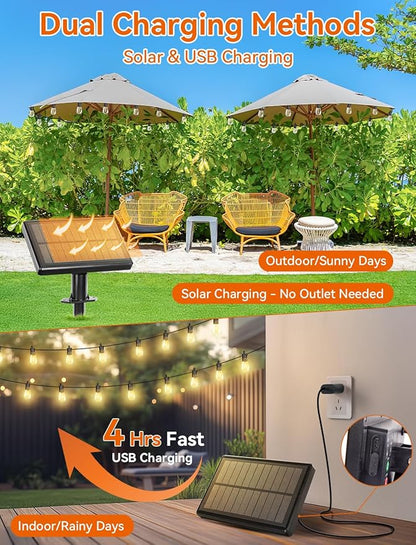 Brightever Solar Powered Outdoor String Lights with Remote, 27FT Commercial Grade Waterproof Solar Patio Lights, 12+1 Shatterproof LED Bulbs 3 Lighting Modes, Dimmable Solar Lighting for Outside
