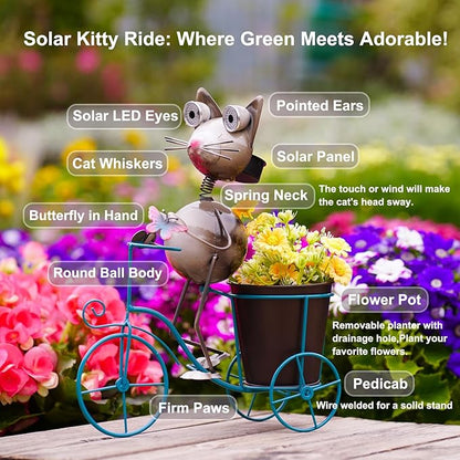 Metal Yard Art Cat on Bike Solar Statue Light, Solar Statue Light Garden Decoration, Best Gift for Cat Lovers.