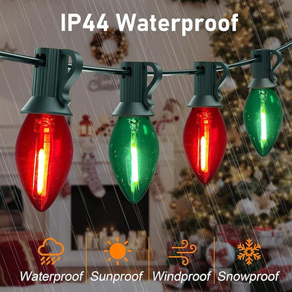 C7 LED Christmas Lights, 25FT Classic Christmas String Lights with 27 Clear Red and Green C7 LED Bulbs(2 Spare), Hanging Lights for Outdoor Patio Wedding Party Decor, Green Wire