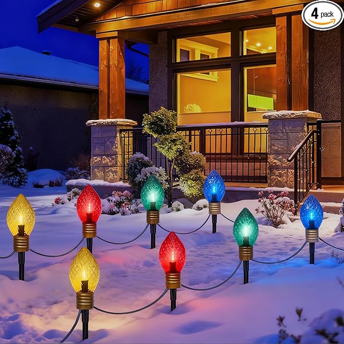Jumbo C9 Christmas Pathway Lights Outdoor, 6.5Ft C9 Giant Christmas Walkway Lights with 4 LED Strawberry Multicolor Bulbs, Jumbo Yard Decoration Stakes Lights for Outside Lawn Garden Driveway Holiday