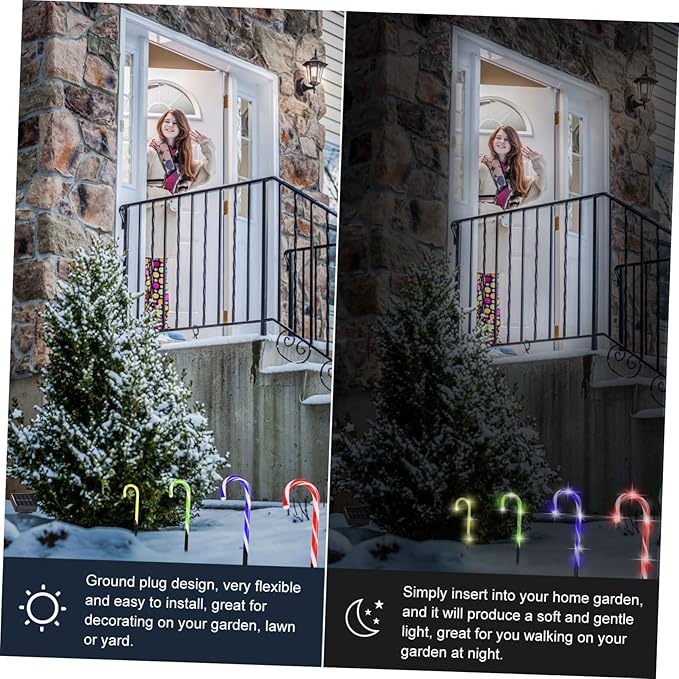 2 Sets Christmas Candy Cane Lights Outdoor Solar Path Lights Candy Cane Pathway Markers for Yard Garden Patio Walkway Party Decor, Colorful Light