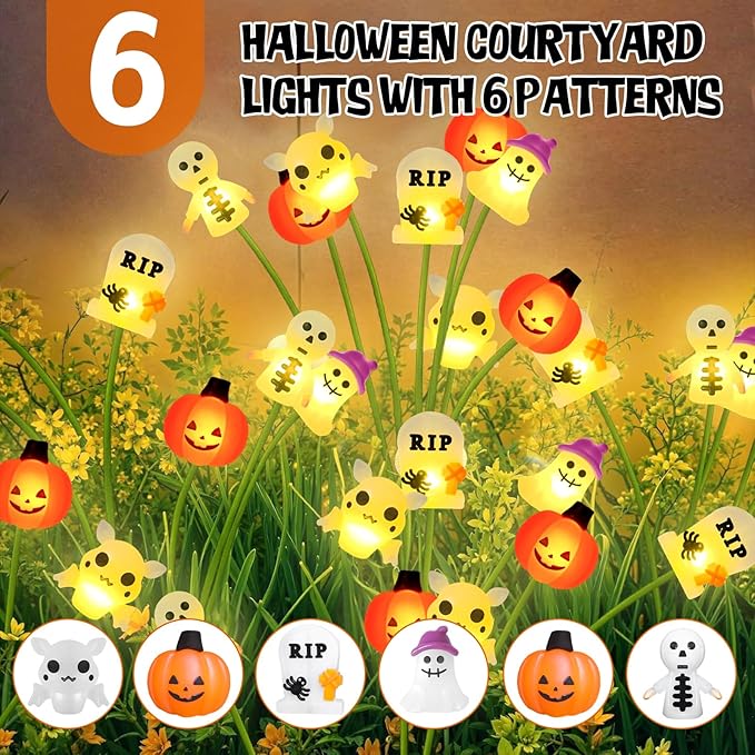 Halloween Solar Garden Lights Outdoor, 4 Pack 24 LED Firefly Swaying Lights with Pumpkin Ghost Skeleton Tombstone Decor, 6 Heads Waterproof Pathway Yard Lawn Graveyard Decorations(4 Pack-HW LEDs)