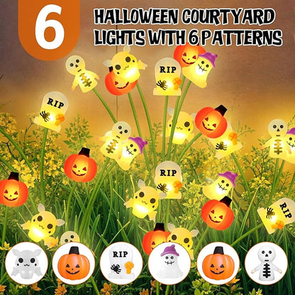 Halloween Solar Garden Lights Outdoor, 4 Pack 24 LED Firefly Swaying Lights with Pumpkin Ghost Skeleton Tombstone Decor, 6 Heads Waterproof Pathway Yard Lawn Graveyard Decorations(4 Pack-HW LEDs)