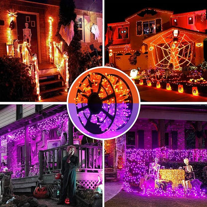 JMEXSUSS Halloween Lights, 8 Modes Waterproof Orange and Purple Light Outdoor Plug in, Clear Wire Halloween String Lights Indoor Bedroom 500 LED Orange and Purple 163 FT