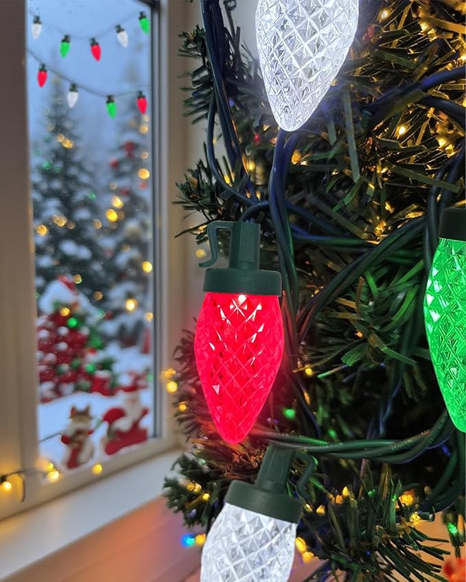25Ft LED Red White and Green Christmas Lights Outdoor, C9 Vintage Christmas Lights with 25 LED Red Green White String Light, Plug in Strawberry Light for Indoor Outside Roofline Xmas Tree Decor