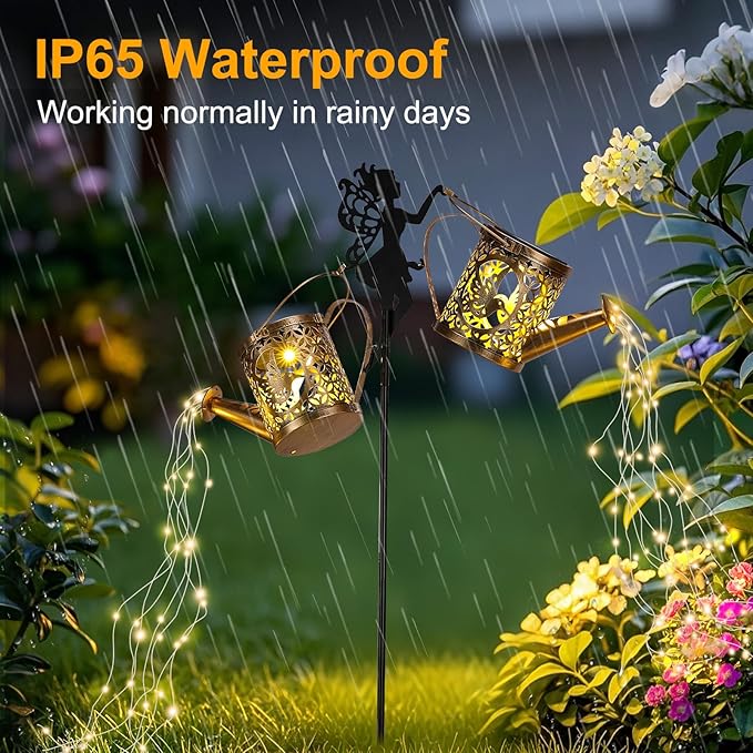 ZKLiLi Christmas Solar Watering Can Lights Outdoor, IP65 Waterproof Metal Garden Decor with one Pole Two Light - Hanging Patio Lawn Pathway Decoration Gift for Backyard,Lawn,Patio