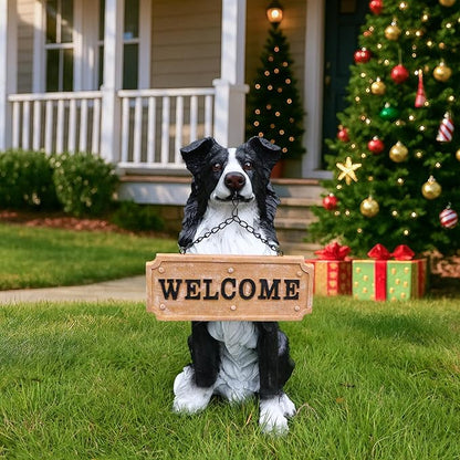 Outdoor Border Collie Dog Statue with Interchangeable Welcome Sign and Detachable Solar Lantern –LED Light Garden Dog Sculpture Décor, Cute Puppy Design for Yard, Porch, Gift