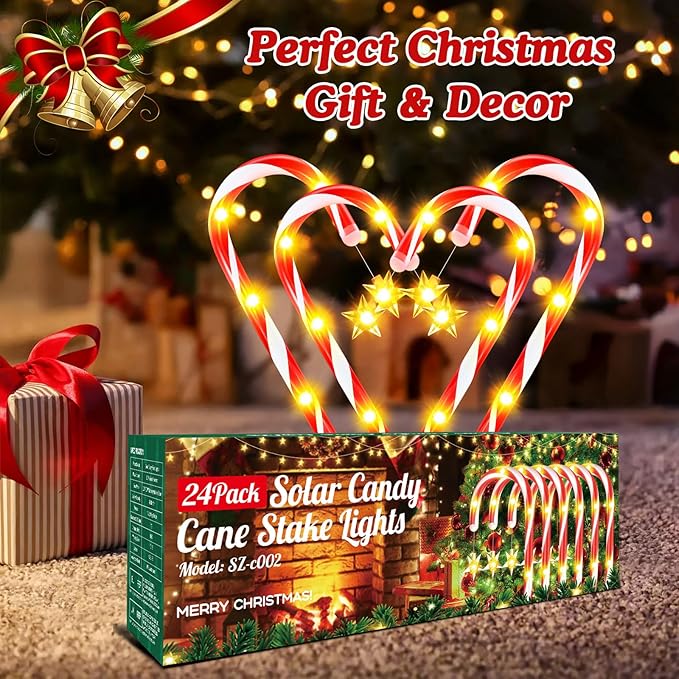 WdtPro 24-Pack Upgraded Solar Christmas Candy Cane Lights, Solar Pathway Lights Waterproof, Christmas Decorations Outdoor with 10 Modes and Bright 144 LED for Yard Garden Lawn Patio Party Decor