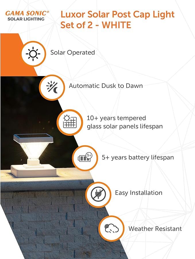 Gama Sonic Luxor Solar Post Cap Light for 4 x 4 and 5 x 5 Post Solar LED Cap Light with 2700K Warm White with Hi/Lo Mode for Wood and Vinyl Fence (2-Pack, White)