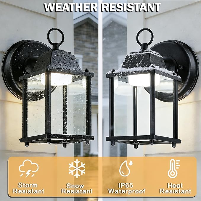 LIT-PaTH Outdoor LED Wall Lantern, Wall Sconce as Porch Lighting Fixture, 5000K Daylight White, 9.5W 800 Lumen, Aluminum Housing Plus Glass, Black Finish, 1-Pack