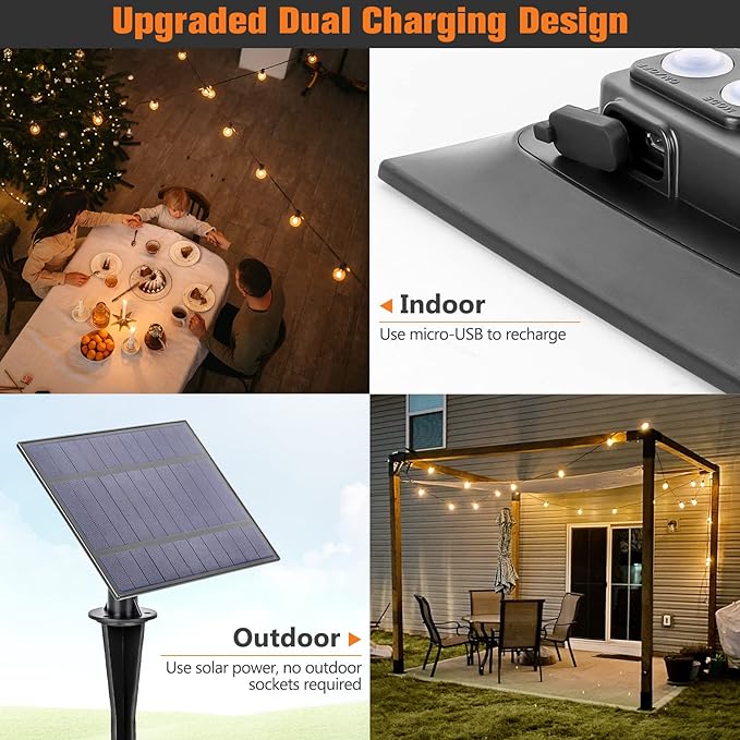 200ft Solar LED Outdoor String Lights Patio Lights with Shatterproof 2700K ST38 Vintage Edison Plastic Bulbs Dimmable, Outside Hanging Lights Waterproof for Porch, Deck, Garden, Backyard