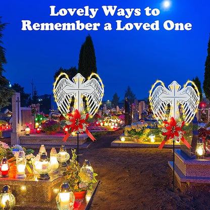 Baquler 2 Pack Christmas Solar Cross Wings Stake Lights 32" Christmas Cemetery Grave Decorations with Poinsettia for Xmas Cemetery Memorial Outdoor Yard Pathway Garden Lawn Decorations