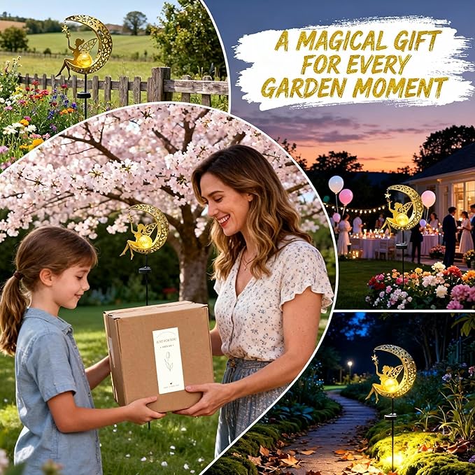 Solar Moon Stake Light, Fairy Garden Sculpture, Outdoor Waterproof Yard Art for Patio Lawn Decor, Mother's Day Spring Easter Gifts for Mom Grandma Women, Housewarming House Gift, Easy Install