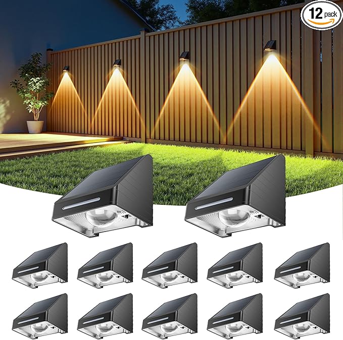 LETMY Solar Fence Lights Outdoor 12 Pack - Brighter Focused Lens, Cold White & Warm Light Fence Solar Lights Outdoor Waterproof, Auto ON/Off Deck Lighting for Wall, Patio, Backyard, Step, Railing