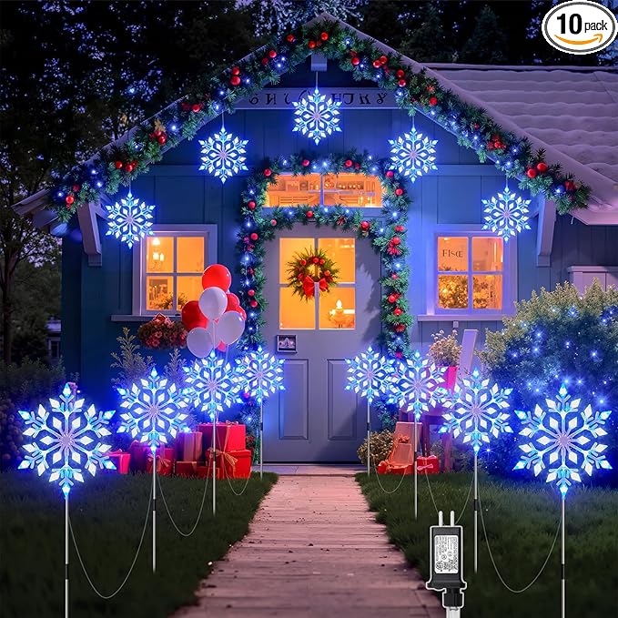Brightown Snowflake Lights Outdoor, 10 Large Snowflake Christmas Pathway Lights, Christmas Decorations Outside Yard Sidewalk Walkway Driveway Marker Stake, Blue & White