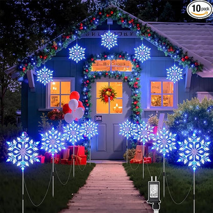 Brightown Snowflake Lights Outdoor, 10 Large Snowflake Christmas Pathway Lights, Christmas Decorations Outside Yard Sidewalk Walkway Driveway Marker Stake, Blue & White