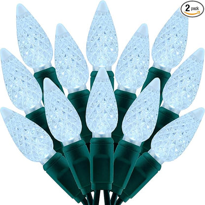 140 Cool White Strawberry One-Piece LED Christmas Lights, Pack of 2 Strands 70 Count 36 ft, High Waterproof UL Certified C6 Outdoor String Lights (Cool White - Green Cord)