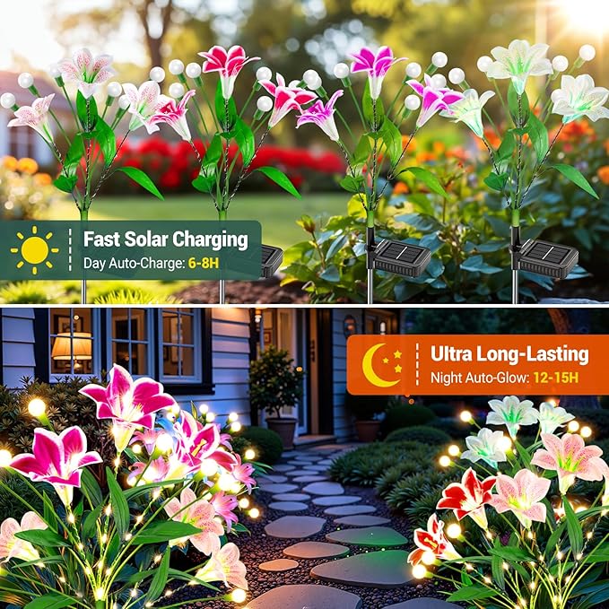 WdtPro Upgraded Solar Garden Lights Outdoor: 4 Pack 2-in-1 Solar Firefly Swaying Light with Lily Flower and Glowing | Lumora