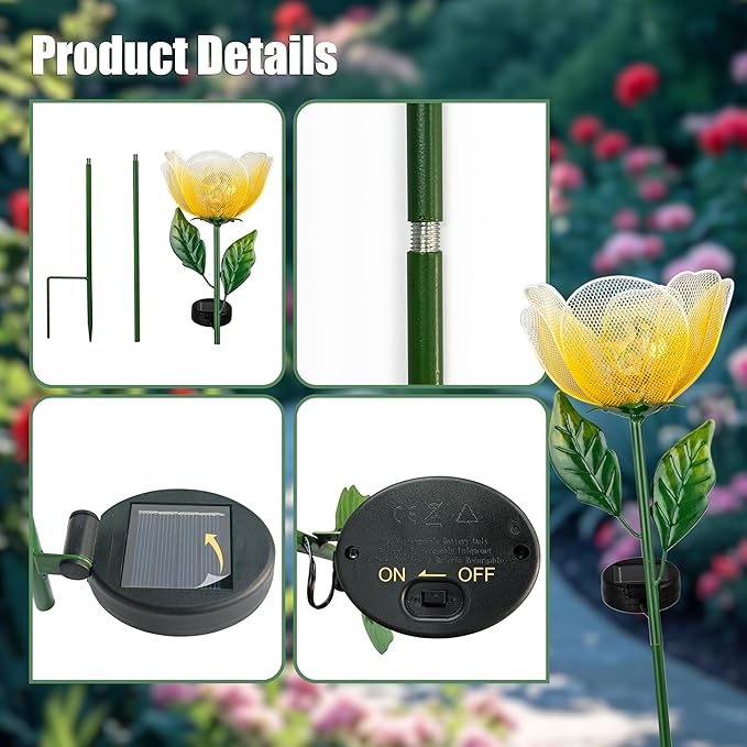 Solar Garden Lights,2 Pack Solar Metal Flowers with Breathing Light,Yard Pathway Lights Outdoor Solar Powered,Outside Lights for Yard Garden Outdoor Pathway Decor
