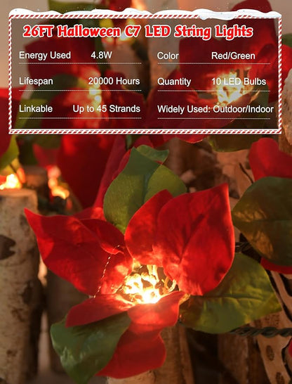 SUNSGNE 8.5FT LED Flower String Lights, Red and Green Christmas Flowers Lights with 10 LED Flowers Bulbs for Christmas Tree, Fireplace, Staircase, Walls