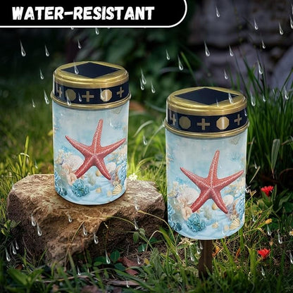 ZOUTAIRONG Red Starfish Solar Glass Light Garden Stake Light, Cemetery Decorations for Grave Outdoor Lights, Garden Lawn Yard Patio Decor-6 Pack