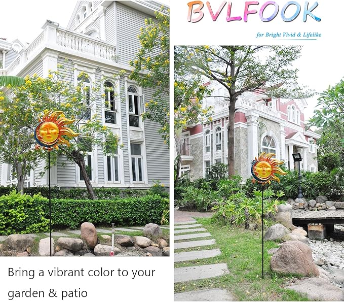 Solar Light Outdoor Garden Decoration Colorful Metal & Glass Sun Moon Star Valentine Stake Decorative Waterproof Warm White LED Yard Decor for Pathway Lawn Patio Backyard