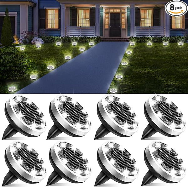 Solar Lights Outdoor Waterproof, 8 Pack 8 LED, Thickened Stainless Steel Ground Light, Solar Garden Lights | Lumora