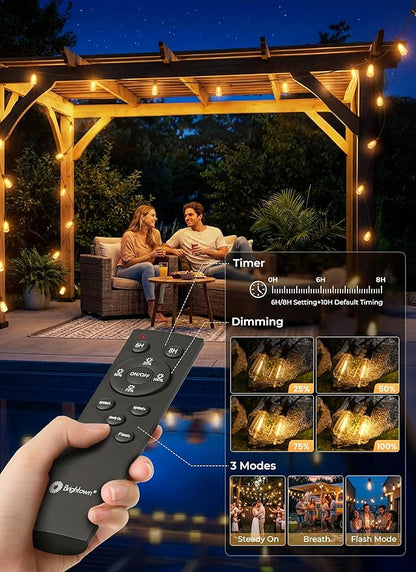 Brightown 108FT Solar String Lights Outdoor Waterproof, Patio Lights with Remote and 50+2 LED Shatterproof Bulbs, Dimmable & Timable, 3 Light Modes, Solar Lights Outdoor for Yard Camping Party Outside