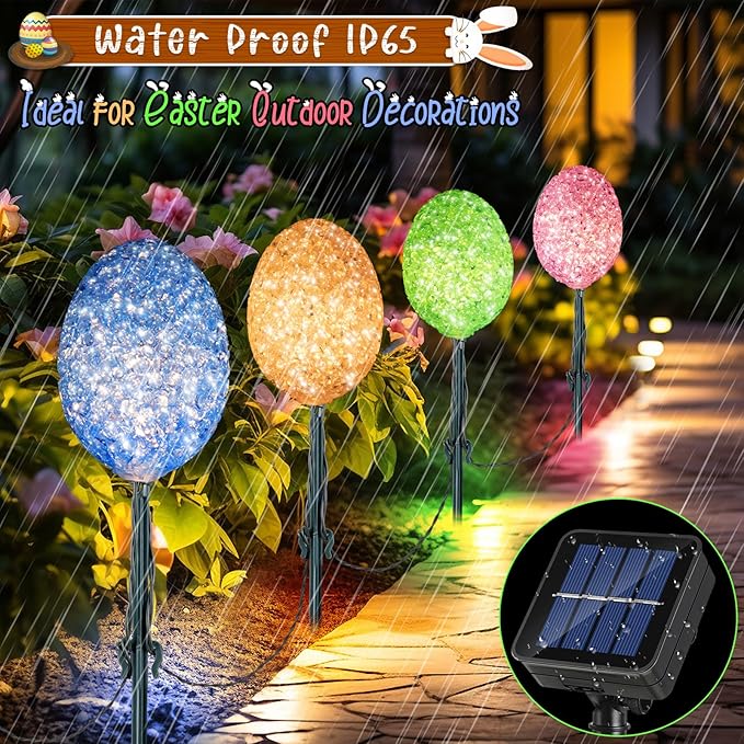 Enhon Solar Easter Egg Lights with Stake, 25FT 20LED Easter Egg Pathway Lights for Easter Outdoor Decorations, 8 Lighting Modes Pastel Easter Egg Lights Easter Stake Lights for Yard Garden Path Lawn