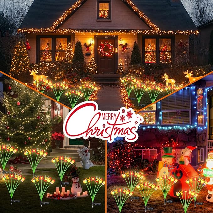 Christmas Solar Garden Lights Outdoor, 4 Pack 24 LED Firefly Swaying Lights with Santa Reindeer Candy Cane Mitten Decor, 6 Heads Waterproof Pathway Yard Lawn Holiday Decorations (CH LEDs)