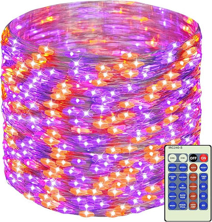 Decute 500LED 164FT Fairy String Lights Halloween Lights Silver Wire with Remote, Firefly Starry Light for DIY Christmas Tree Costume Wedding Party Table Centerpiece Decor Orange Purple