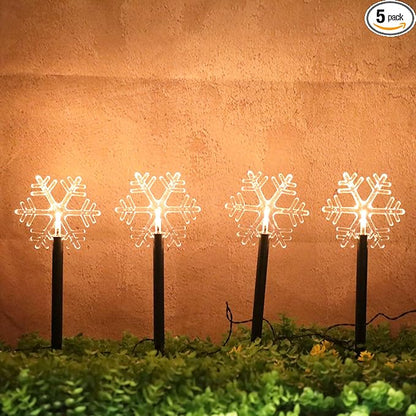 Solar Christmas Snowflake Led Pathway Lights Waterproof for Lawn Yard Walkway Garden Decor Christmas Home Decoration Warm White Landscape Light - 5 Pack