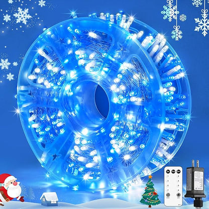 JMEXSUSS 400 LED Christmas Lights Indoor Outdoor, 132 ft 8 Modes Blue and White String Lights Plug in with Remore, Christmas Tree Lights for Bedroom Party Outside Patio Tree Holiday Xmas Decorations