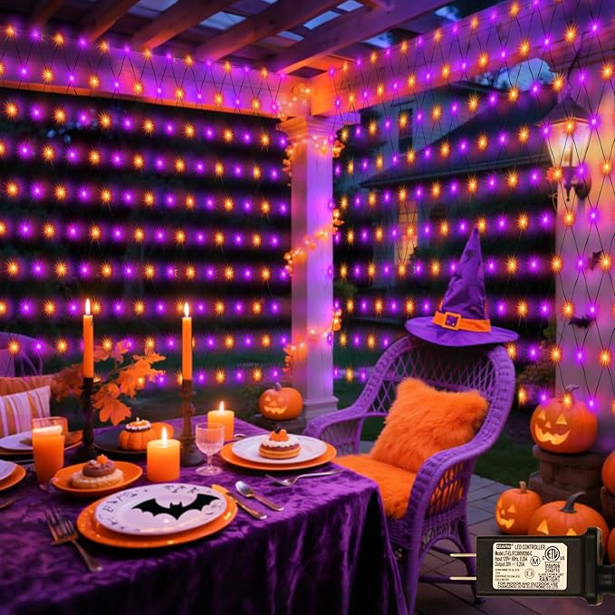 Lovelite 300LED Net Lights Halloween Decorations, 14.8ft x 5ft Outdoor Mesh Lights 8 Modes & Timer, Connectable Waterproof Christmas Light for Bushes Xmas Tree Party Garden Lawn, Purple Orange