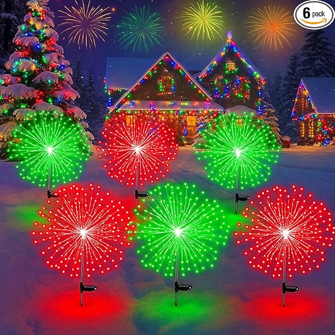 6 Pcs Christmas in July Solar Firework Stake Lights 180 LED 8 Modes Solar Waterproof LED Sparkler Lights Outdoor Decoration for Garden Patio Yard Pathway Walkway Lawn (Red, Green)