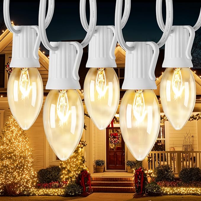 Minetom C9 Christmas String Lights Outdoor 50ft Vintage Christmas Tree Lights for Indoor Outdoor Roofline Patio Room Holiday Party Backyard Xmas Decoration, White Wire, 50+2 Bulbs
